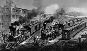 Steam Prints: An American Railway scene at Hornellsville Erie Canal 1874 by Currier and Ives