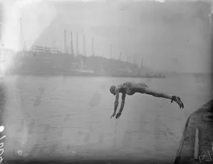 Diving Prints: With his ankles strapped, Mr Frederick William Slade jumped into the Thames at Tower