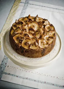 Apple fruit cake with cider and topping of glazed apple slices credit: Marie-Louise