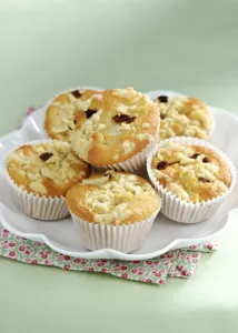 Cooking Prints: Apple struesel muffin in pile on white plate credit: Marie-Louise Avery / thePictureKitchen