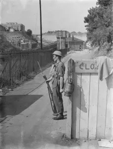 Armed guard for Southern Railway control room in Crayford, Kent. 1939