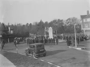 Armistice memorial service in Orpington, Kent. Crowd gathers round the memorial