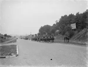 Army manoeuvers in Orpingon, Kent. Horses draw artillery pieces