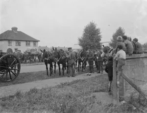 Army manoeuvers in Orpingon, Kent. Troops stop to eat and feed their animals
