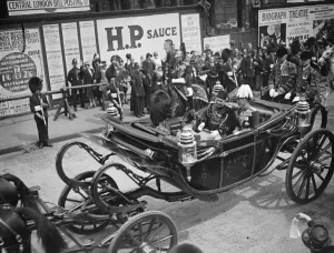 Kings Prints: Arrival of King of Egypt in London. King Faud with King George driving from Victoria