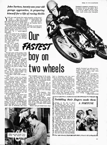 Motorsport John Surtees Prints: Article in Illustrated Magazine about young motorcycle champion, John Surtees