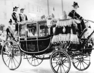 Wedding Prints: Athens. Princess Sophia of Greece smiles from the window of her horse drawn carriage