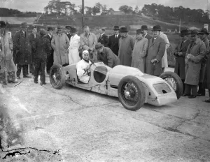 Attempt on diesel car records at Brooklands. Mr Reginald Munday making his record