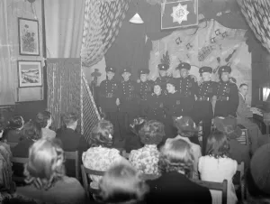 An Auxiliary Fire Service concert party in Dartford. Kent. The chorus of