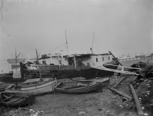 The barge Mocking Bird at low tide at Gravesend Reach, Kent. 1938