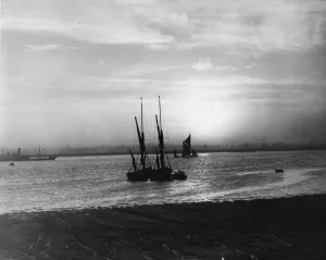 Barges on the River Thames off Long Reach, near Dartford, Kent. January 1938
