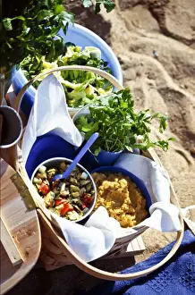 Blue Prints: Beach picnic with salads in bowls and baskets credit: Marie-Louise Avery / thePictureKitchen