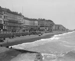 Deck Chairs Prints: The beach and seafront at Hastings. 1925