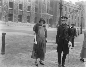 Beating the bounds at the Tower of London. Field Marshal Lord Methuen with his daughter
