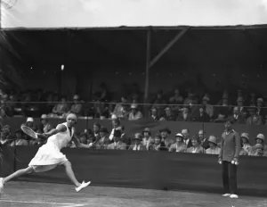 Playing Prints: At the Beckenham Tennis Tournament, Miss Billie Tapscott in action during her match