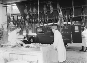 A Bedford truck belonging to Pearce Bros Ltd, the fishmongers and poulterers, parked