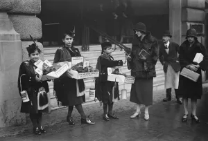 The Begums granddaughters sell poppiers for Earl Haigs fund. The Begums grandchildren