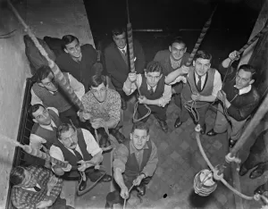 Bell - ringers practice at Eynsford church, Kent. 1936