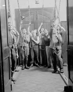Doorway Prints: Bell - ringers practice at Eynsford church, Kent. 1936