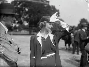 Bird on the hat. A bird of paradise hat decoration worn by Miss Alison Lawson