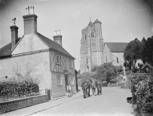 Heavy Horse Prints: The Birling church and Smithy near Meopham, Kent. 1939