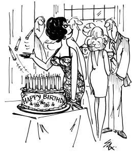 Illustration Prints: Birthday card for a woman, throwing out a few candles to reduce her age! Cartoon