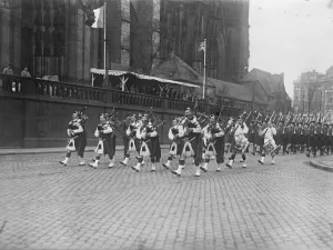 The Black Watch marching past the saluting base on Cologne on the occasion of