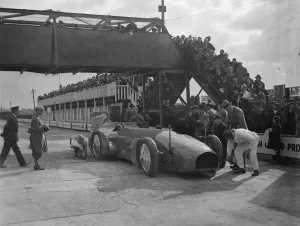 The Bluebird car being rolled out on Easter Monday at Brooklands track
