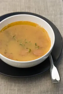 Bowl Prints: Bowl of warming soup made of yellow split peas, good stock, pieces of chorizo sausage
