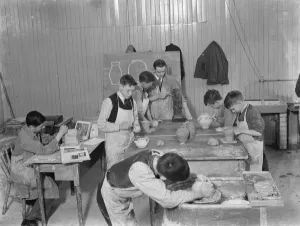 Boys making pottery at Central School in Bexleyheath, Kent. 1937