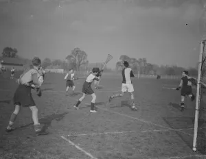 Boys playing Lacrosse at Sidcup County School, Kent. 12 February 1938