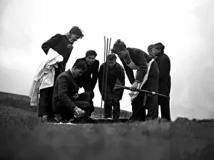 Playing Collection: Boys on the Sussex Downs preparing to launch their rocket made from a meccano set. 1959