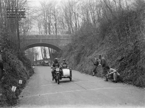 Sidecar Prints: Brake test for the motorcycle trial in Wrotham, Kent. 1937