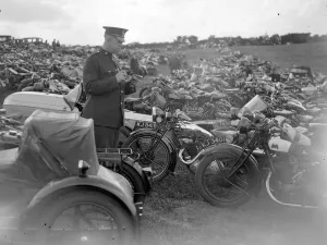 Brands Hatch near Swanley, Kent. A policeman searches for stolen motorbikes. 1933