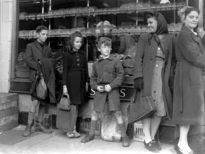 Living Conditions Prints: Bread rationing. Housewives and children queue at the bakers in Bexley Heath. 1946