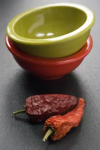 Bowl Prints: Two bright melamine bowls stacked on dark surface with two red hot chilli peppers