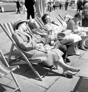 Beach Prints: Brighton Elderly people asleep in deckchairs on the front at Brighton 6 August 1961