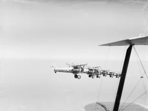 Bristol Bulldogs fighters of No 32 Squadron in formation flying over Biggin Hill