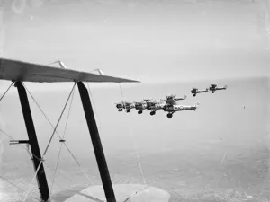 Bristol Bulldogs fighters of No 32 Squadron in formation flying over Biggin Hill
