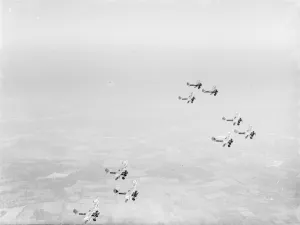 Bristol Bulldogs fighters of No 32 Squadron in formation flying over Biggin Hill