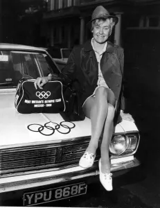 Britains Lilian Board before leaving for the Mexico Olympics sitting on the bonnet