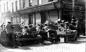 Easter Rising 1916 Collection: British troops hold a barrier in a Dublin Street during the week long Irish Rebellion of 1916