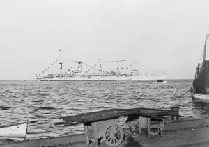 British warships in the Suez Canal decorated in honour of King Fuad. HMS Sussex