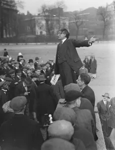 Speech Prints: British workers off to Russia. Meeting on Tower Hill. Mr Ben Tillett addressing the crowd