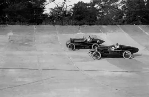 Cars Prints: Brooklands, Weybridge, Surrey. Malcolm Campbell in Puegot Bluebird and Captain Woolf