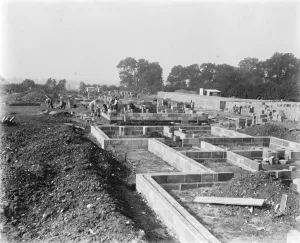 Building a concrete village at Braintree, Essex In the foreground a new foundation setting