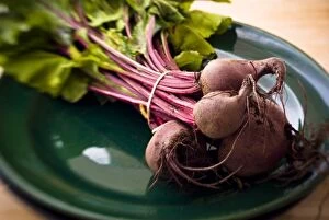 Bunch Collection: A bunch of freshly dug, whole beetroot on dark green plate. credit: Marie-Louise