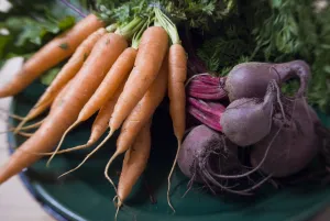 Bunch Prints: Bunches of fresh carrots and beetroot on dark green platter credit: Marie-Louise