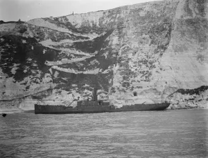 The burning ship Falcon ashore off Dover Harbour. A view of the Falcon from