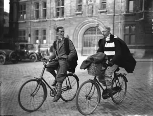 Scarf Prints: At Cambridge University - typical undergraduates on their bicycles. 3rd January 1925